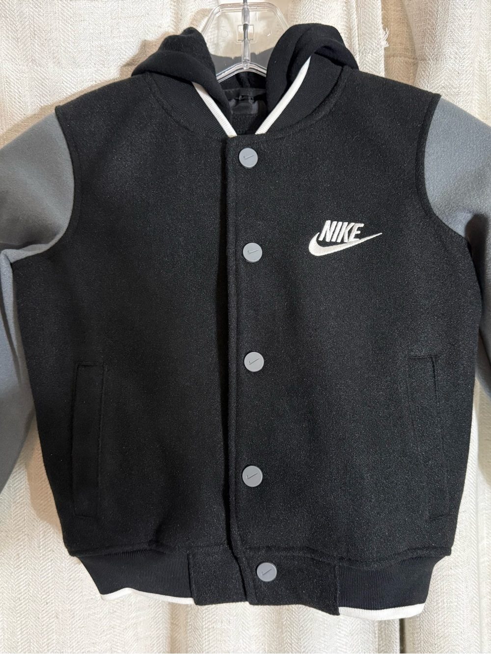 Nike Black and Gray Hooded Varsity Jacket with White Logo